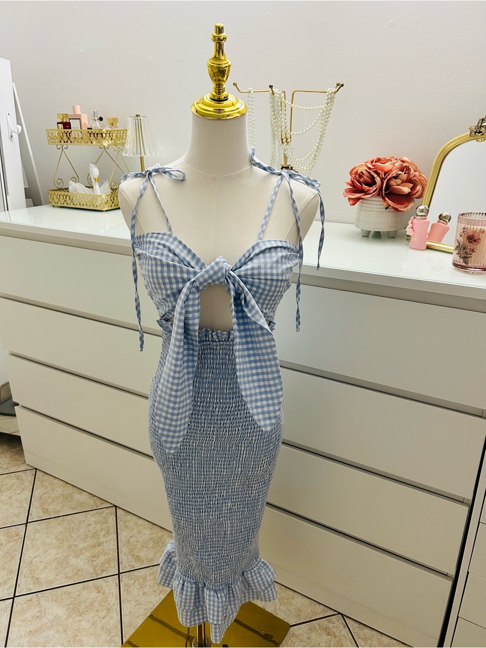 Blue Gingham Tie-Front Smocked Midi Dress